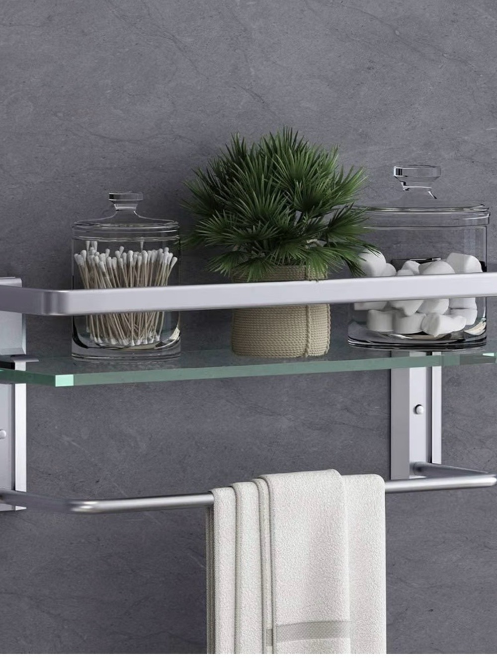 Modern Glass Shelf with Towel Bar - Silver